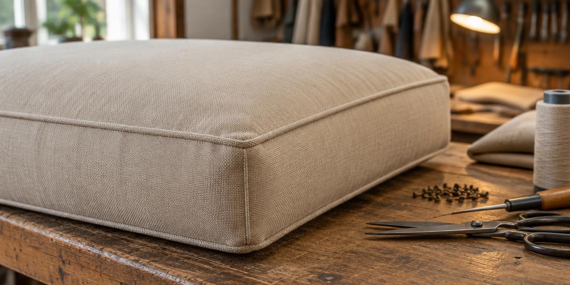Freshly stitched sofa cushion on the upholstery workbench