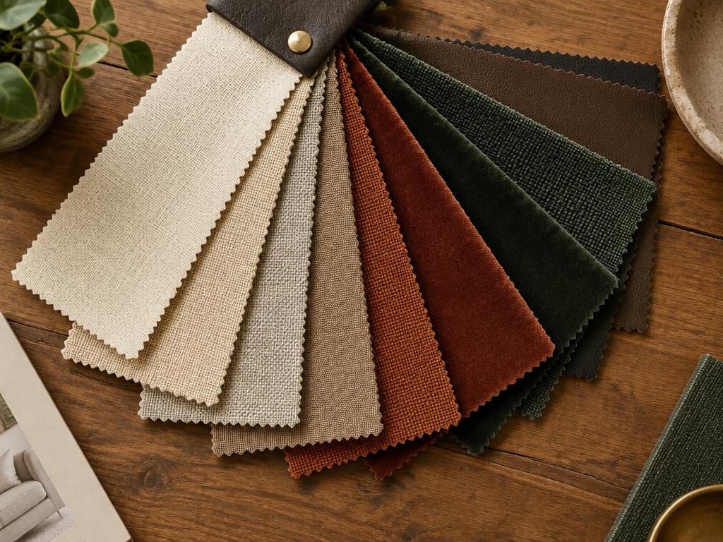 Upholstery fabric swatch book with linen, velvet and leather samples