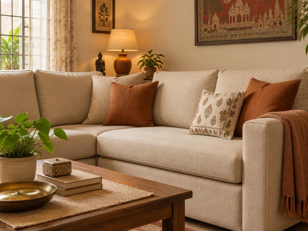 Freshly reupholstered beige sofa with clay cushions in a Noida living room