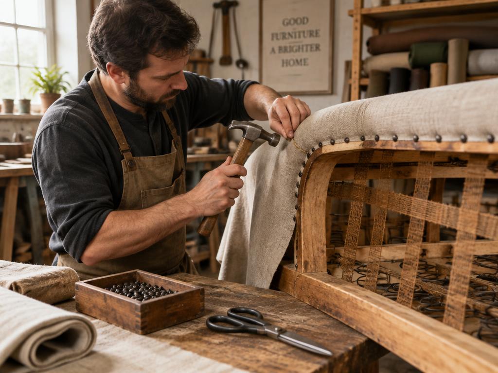 Craftsman stretching upholstery fabric over a wooden sofa frame in the Noida workshop